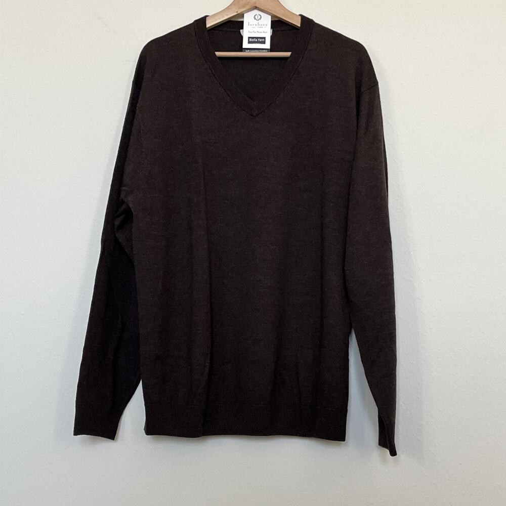 Mens TURNBURY MERINO WOOL Dark Brown Sweater Pullover V-Neck Long Sleeve Sz XL